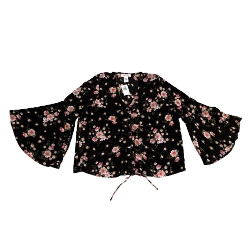Planet Gold Top Blouse Black Pink Floral V-Neck Bell Sleeve Top Size 1X NEW - Picture 8 of 12